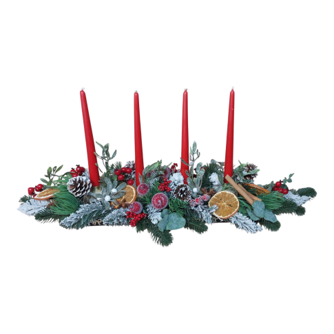 Adwentowy stroik na stół czerwony ze świecami  w sklepie Dedekor.pl