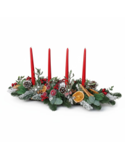 Adwentowy stroik na stół czerwony ze świecami 