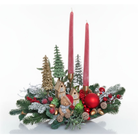Stroik świąteczny ze świecami i misiem 2515 w sklepie Dedekor.pl