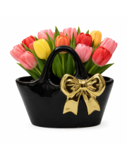 Wazon Ceramiczny Torebka Czarna ze Złotą Kokardą