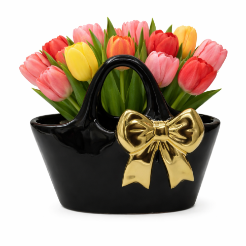 Wazon Ceramiczny Torebka Czarna ze Złotą Kokardą w sklepie Dedekor.pl