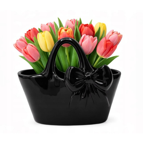 Wazon Ceramiczny Torebka Czarna ze Złotą Kokardą w sklepie Dedekor.pl