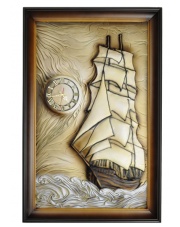 Skórzany obraz ozdobny Statek 65x100 z zegarem